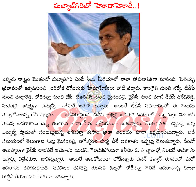 jayaprakash narayana,malkajgiri mp seat,loksattha,tdp,mlc nagshwar,tdp malla reddy,ex dgp dinesh reddy  jayaprakash narayana, malkajgiri mp seat, loksattha, tdp, mlc nagshwar, tdp malla reddy, ex dgp dinesh reddy